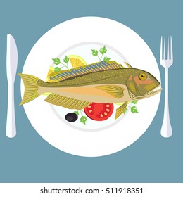 Vector illustration of grill prepared fish with lemon and parsley.