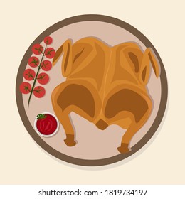 Ilustración vectorial del pollo asado con una corteza crujiente. Ilustración plana de pollo horneado con tomates de cereza