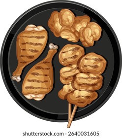 Vector illustration of grilled chicken pieces on a black plate. Warm tones and detailed textures enhance the appetizing appearance