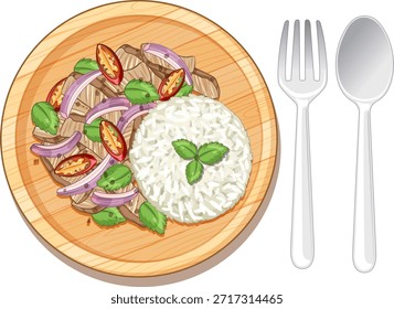 Ilustración vectorial de pollo a la parrilla, arroz, hierbas y verduras en un plato de madera, vista superior