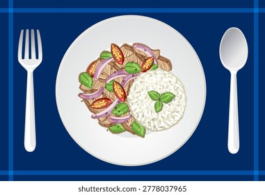 Vector illustration of grilled chicken, rice, and vegetables on plate, top-down view, vibrant colors