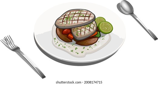 Vector Illustration of Grilled King fish arranged in white plate.