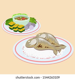 vector Illustration of grilled mackerel with stream rice and chili sauces with vegetables set