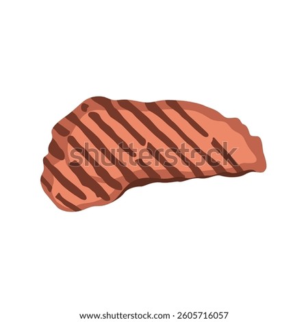 Vector illustration of grilled meat in cartoon flat style. Cartoon fried steak with grill marks. Chicken, pork, beef, burger patty. Raw, cooked and roasted meat vector set. Food meal for bbq