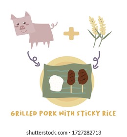 Vector illustration of Grilled pork with sticky rice recipe or ingredient. Cute pig cartoon character and sticky rice.