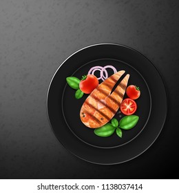 Vector illustration of grilled red fish, salmon and fresh vegetables onion, tomato cherry and basil, close-up on black plate, top view