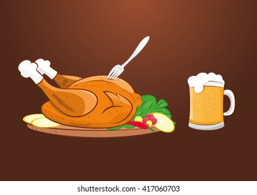 vector illustration of grilled roast chicken with beer mug. eps 10