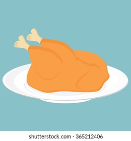 Vector illustration grilled, roasted, fried chicken on white plate blue background. Chicken icon
