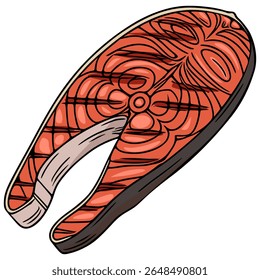 Vector illustration of a grilled salmon steak, showcasing detailed line art and vibrant orange hues, ideal for culinary designs and food-related projects.