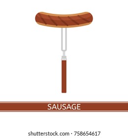 Vector illustration of grilled sausage on roasting stick isolated on white background, flat style