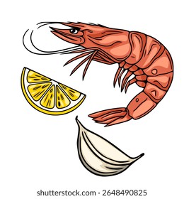 Ilustração vetorial de um camarão grelhado com limão e alho, mostrando um estilo vibrante, desenhado à mão perfeito para blogs de alimentos, menus ou sites de receitas.