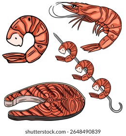 Ilustração vetorial de camarões grelhados, um espeto de camarões e um bife de salmão grelhado, apresentando texturas detalhadas e tons de laranja vibrantes.