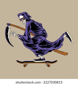 vector illustration grim reaper character riding a skateboard