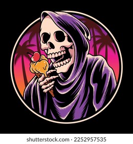 vector illustration grim reaper character is eating ice cream