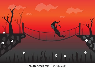 vector illustration of grim reaper crossing a bridge with a steep ravine below, suitable for death and spooky poster design