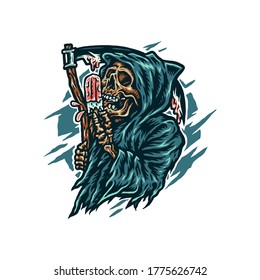 Vector illustration of grim reaper eating ice cream, hand drawn line style with digital color