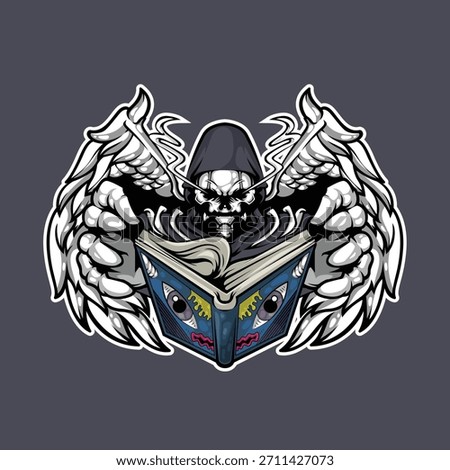 Vector illustration of the Grim Reaper or a fearsome winged skull figure, clad in a dark hood, intensely reading an open mystical or magic spell book with captivating, creepy eyes on its cover