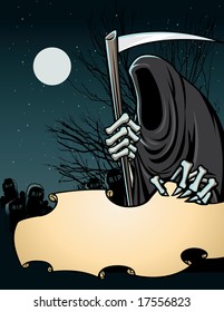 Vector illustration of the Grim Reaper holding a scroll for you to fill in the name of his next victim.