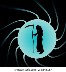 Vector illustration of Grim Reaper on a green background.