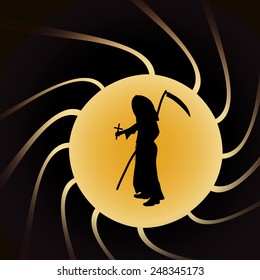 Vector illustration of Grim Reaper on a yellow background.