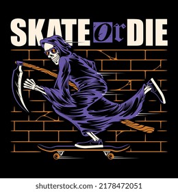 Vector illustration grim reaper skull riding skateboard. For t-shirts, stickers and other similar products.