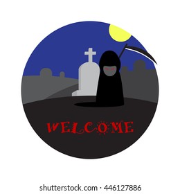 vector illustration of the grim reaper stand in graveyard at night