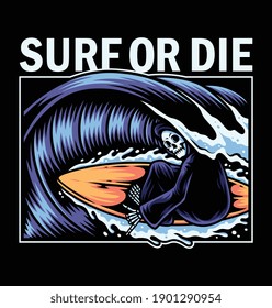 Vector illustration of grim reaper surfing, For t-shirts, stickers and other similar products.