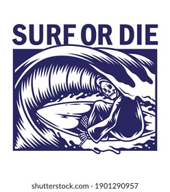 Vector illustration of grim reaper surfing, For t-shirts, stickers and other similar products.