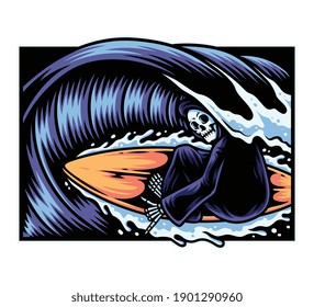 Vector Illustration Of Grim Reaper Surfing, For T-shirts, Stickers And Other Similar Products.