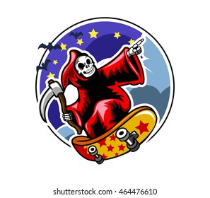 Vector illustration of grim skating on dark cloudy sky