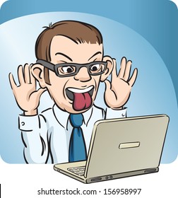 Vector illustration of Grimacing Man with Laptop Computer. Easy-edit layered vector EPS10 file scalable to any size without quality loss. High resolution raster JPG file is included.