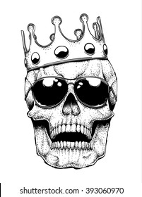 Vector illustration of a grinning human skull with a crown and aviator sunglasses. Accessories on separate layers plus skull drawing.