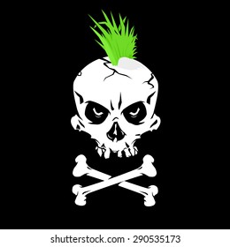 A vector illustration of a grinning skull with a Mohican.
Punk Skull icon illustration.
Punk symbol a skull and crossbones with a green  Mowhawk.