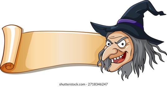 Ilustración vectorial de una cabeza de bruja sonriente con sombrero negro y pergamino en blanco.