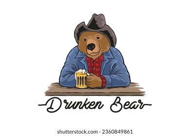 vector illustration of a grizzly bear drinking beer and enjoying at the table, amazing design for logo and t-shirt