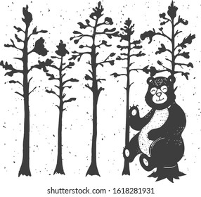 Vector illustration of grizzly bear sitting on tree stump in forest. Cartoon kawai animal character. Vintage hand drawn style.
