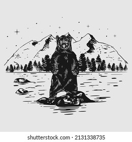 Vector illustration of a grizzly bear standing on a river rock with a mountain view