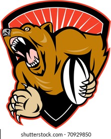 vector illustration of a grizzly or brown bear rugby player fending with ball set inside shield isolated on white