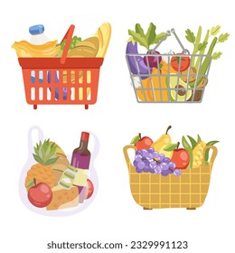 vector illustration of a grocery basket with vegetables and fruits