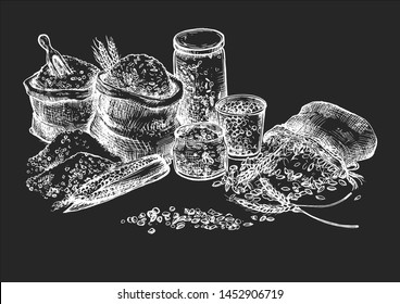Ilustração vetorial de crupe de supermercado e conjunto de cereais. Arroz, milho, trigo, aveia, aveia, ervilhas, feijão em embalagem ecológica, sacos de sacos de tecido para agricultores loja de artesanato mercado. No quadro preto desenho de mão giz