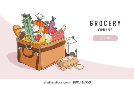 Vector illustration of grocery products fully packs in the delivery bag. Online grocery order and delivery service banner template.