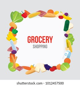 Vector illustration of grocery shopping background  with various goods. 