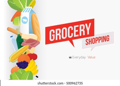 Vector illustration of grocery shopping banner with various of goods. Promotion everyday value concept