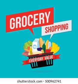 Vector illustration of grocery shopping banner with various of goods. Promotion everyday value concept