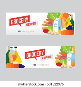 Vector Illustration Of Grocery Shopping Banner With Various Of Goods. Promotion Everyday Value Concept