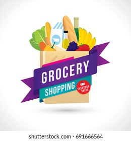 Vector Illustration Of Grocery Shopping Banner With Various Goods. 