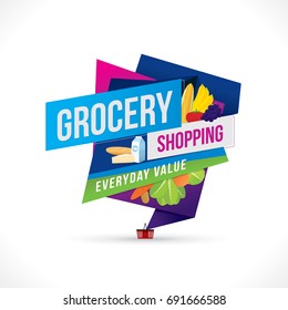 Vector illustration of grocery shopping banner with various goods. 