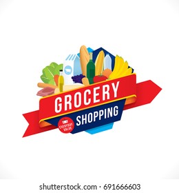 Vector illustration of grocery shopping banner with various goods. 