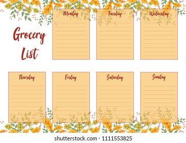 Vector illustration of Grocery shopping list with abstract autumn background. For print notebooks, daily planner for companies and private use. Organizer and Schedule diary. Cute planner page template