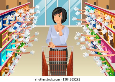 A vector illustration of Grocery Shopping Woman Faced With Too Many Choices 